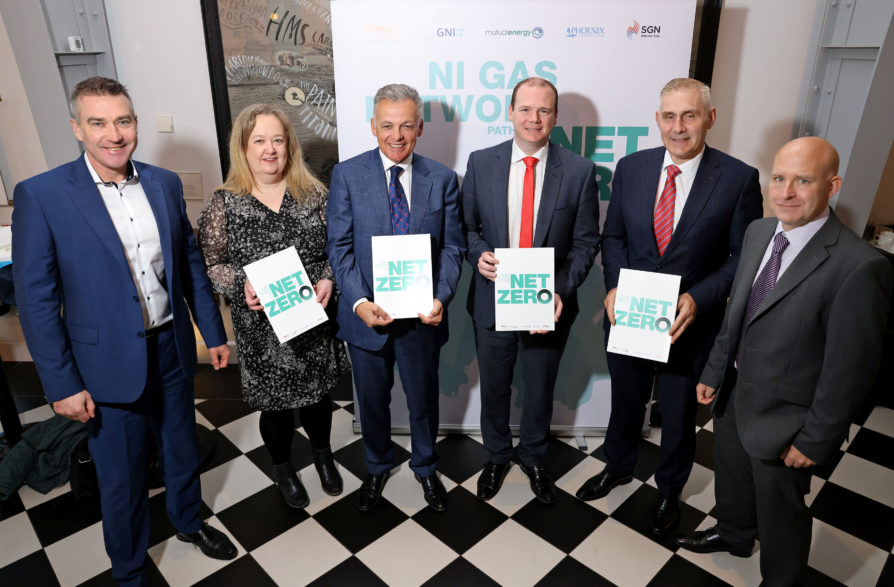 Pictured: Niall Martindale, Managing Director, firmus energy; Áine Spillane, Regulatory Affairs Manager, GNI(UK); Michael McKinstry, Chief Executive, Phoenix Energy; Gordon Lyons MLA, Economy Minister; Paddy Larkin, Managing Director, Mutual Energy; and David Butler, Director, SGN Natural Gas