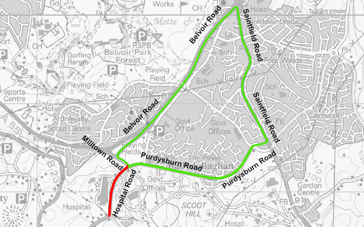 Road closure indicated in red. Diversion indicated in green.