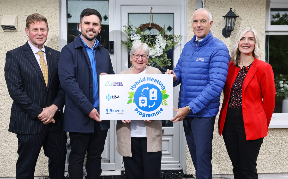 Robert Clements, NIHE; Nathan Bolton, NIHE; Mrs Irvine, tenant; Jonathan Martindale, Phoenix Energy; Mareanne Bradley, H&A Mechanical Services 